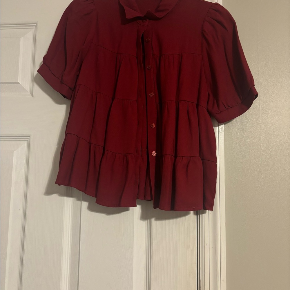 Francesca's Collections Red Flutter Sleeve Blouse with Peter Pan Collar